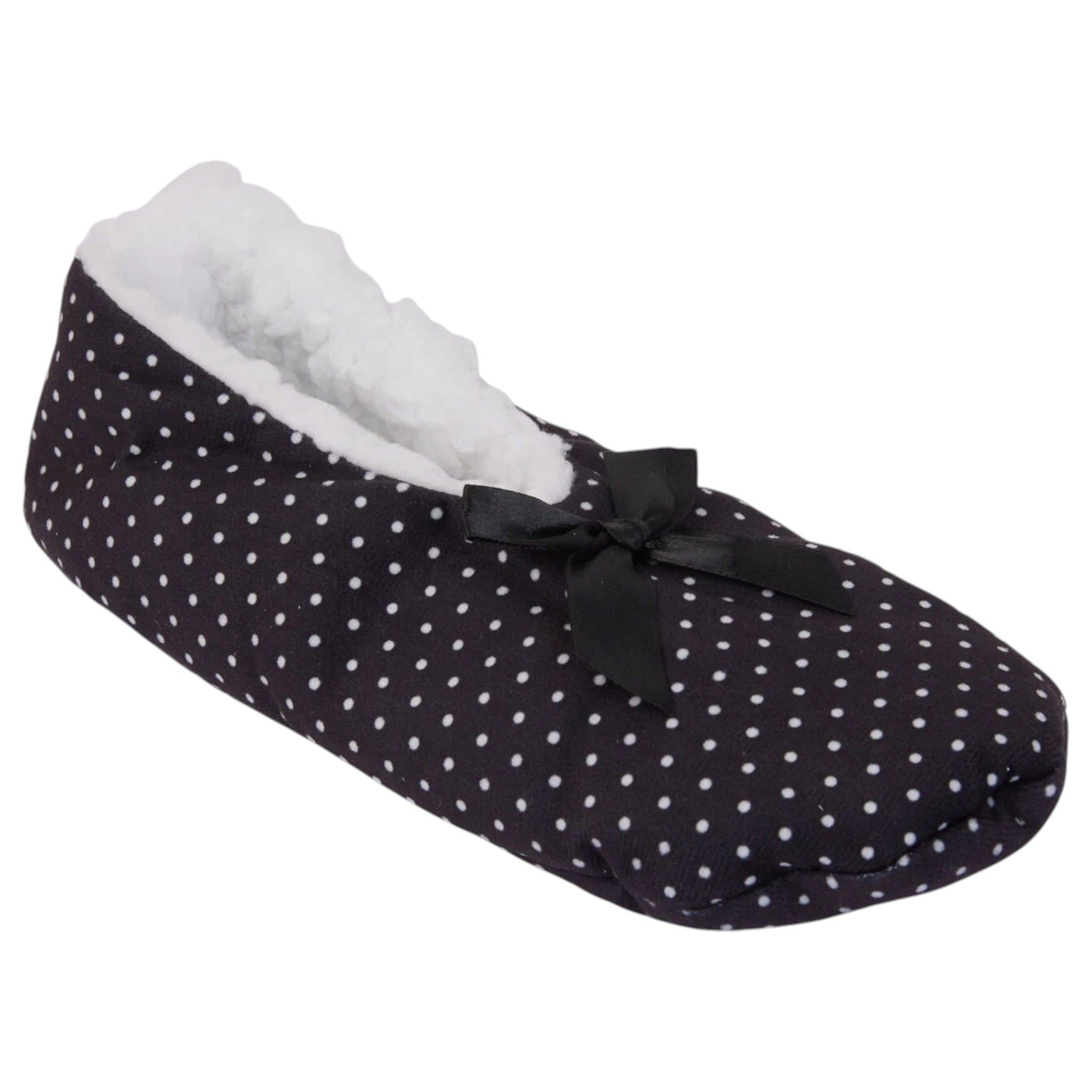 Ladies Black with white spots Slip On Slippers Womens Ballerina Style Nightwear With Bow Design Fits Ladies UK 4-7